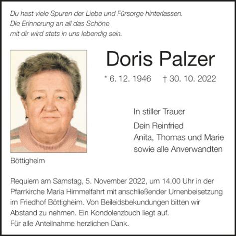 Traueranzeigen Von Doris Palzer Trauerportal Ihrer Tageszeitung