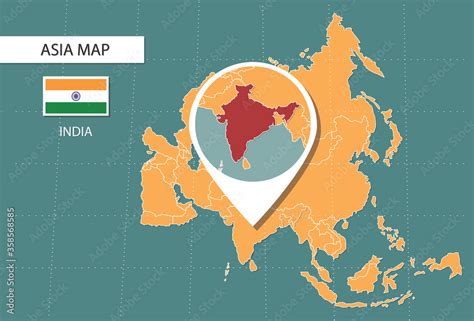 India map in Asia zoom version, icons showing India location and flags ...