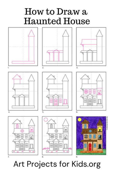 How To Draw A Haunted House Tutorial Video And Haunted House Coloring