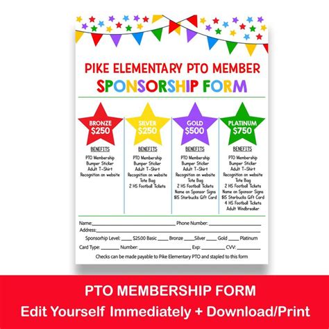 Editable Pto Sponsorship Form Pta Membership Flyer Printable School Pto