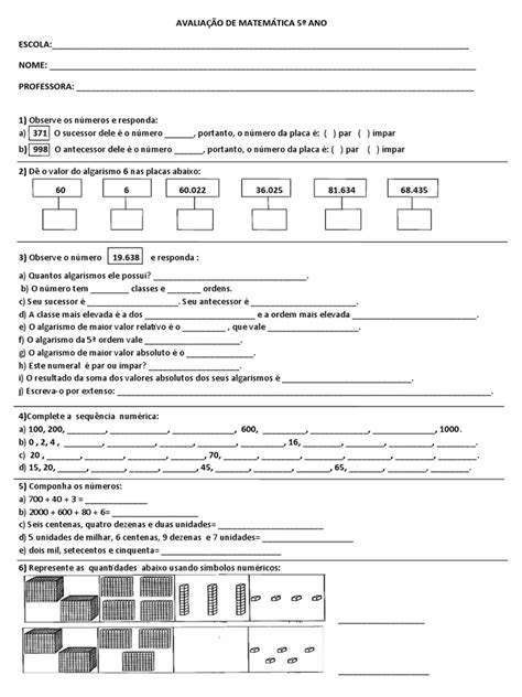 Avaliação De Matemática 5o Ano Pdf Matemática