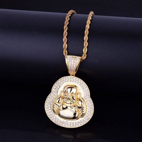 Bling Religious Buddha Pendant Necklace Charms Tennis Chain Gold Color