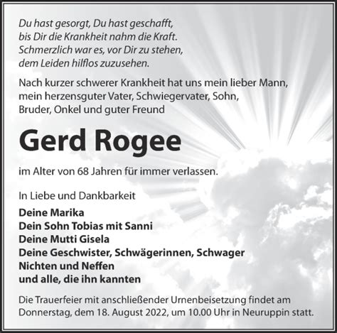 Traueranzeigen Von Gerd Rogee M Rkische Onlinezeitung Trauerportal