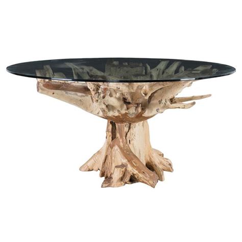 Natasha Coastal Beach Glass Top Brown Teak Root Pedestal Dining Table