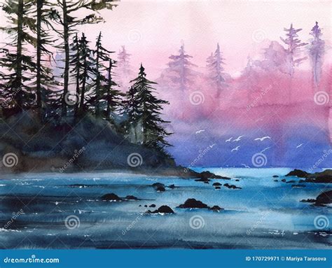 Watercolor Landscape With Misty River Stock Image Image Of Island