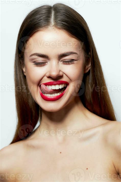 Attractive Woman Naked Shoulders Closed Eyes Red Lips Tongue Touch Spa