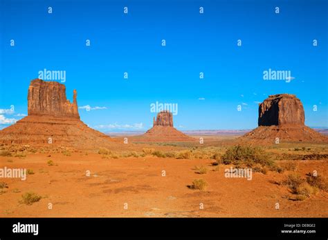 View Of Famous Monument Valley With Blue Sky Usa Stock Photo Alamy
