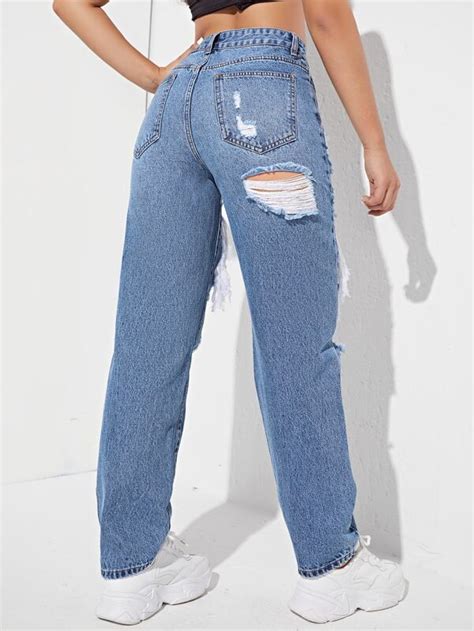 SHEIN EZwear High Waisted Ripped Straight Leg Jeans SHEIN USA