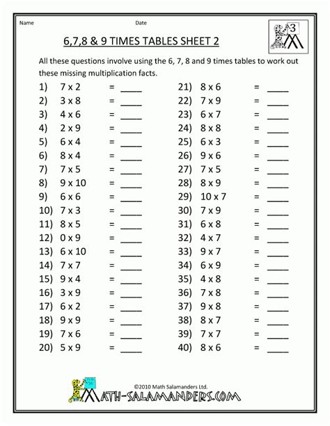 Multiplication Worksheets 6 And 7 Times Tables