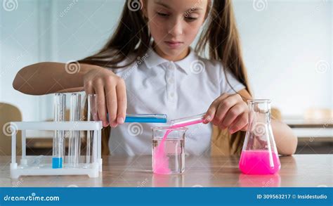 A Schoolgirl Conducts Experiments In A Chemistry Lesson Girl Pouring Colored Liquids From A