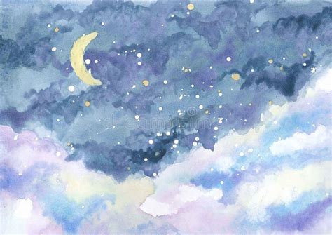 Watercolor Painting Of Night Sky With Crescent Moon Among Stars Stock