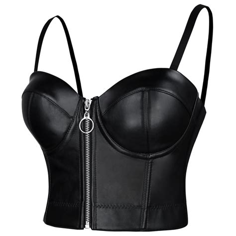 Sexy Punk Faux Leather Spaghetti Straps Bustier Zipper Clubwear Crop