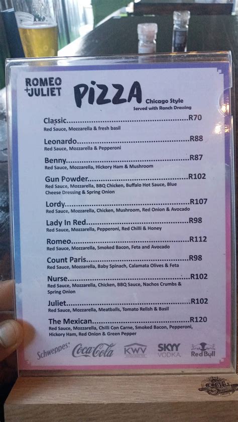 Menu at Romeo + Juliet restaurant, Port Elizabeth