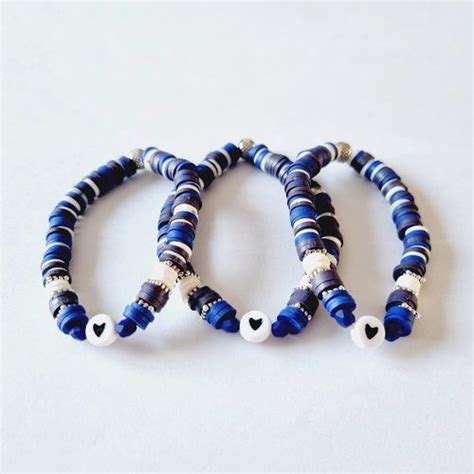 Trio Mere Fille Bracelets Heishi Bleu Fonc Bleu Roi Blanc C Ur