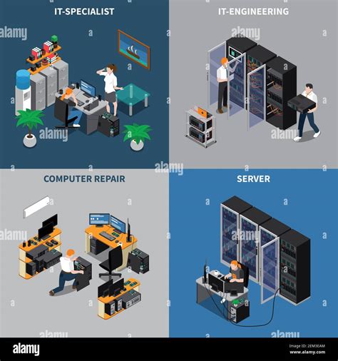 Isometric 2x2 Icons Set With Information Technology Engineers And