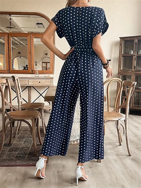 Polka Dot Pattern Jumpsuit Elegant Short Sleeve Wide Leg Temu United