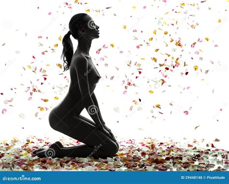 Beautiful Asian Woman Naked With Flowers Petal Silhouette Royalty Free