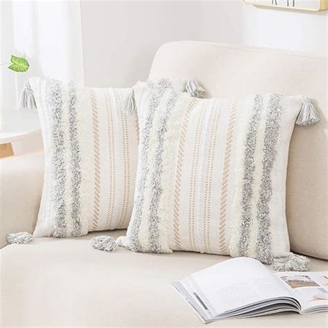 Decoruhome Set Of 2 Boho Decorative Throw Pillow Covers For Bed Bedroom Neutral Accent Cushion