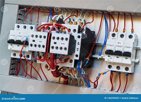 Two Contactors And Circuit Breakers In The Electrical Cabinet Stock