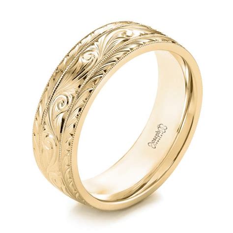 14k Yellow Gold Custom Hand Engraved Mens Wedding Band 103458