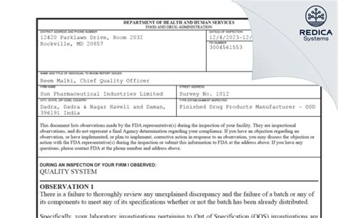 Sun Pharmaceutical Industries Limited Form Redica