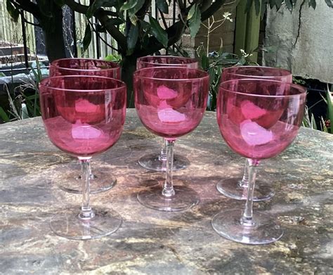 Set Of Six Victorian Cranberry Wine Glasses