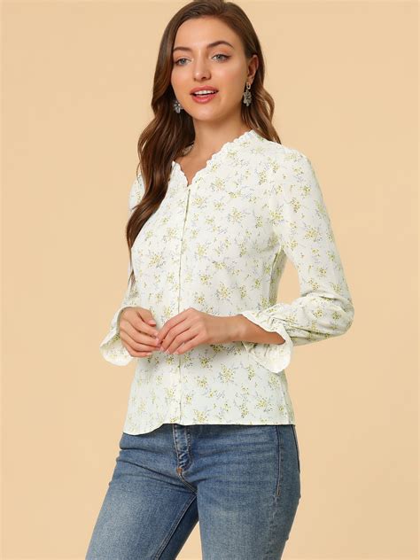 Ruffled Floral Blouse For Womens Crochet Trim V Neck Long Sleeve Chiffon Top Allegra K