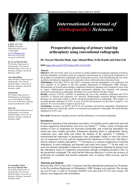 Pdf Preoperative Planning Of Primary Total Hip Arthroplasty Using