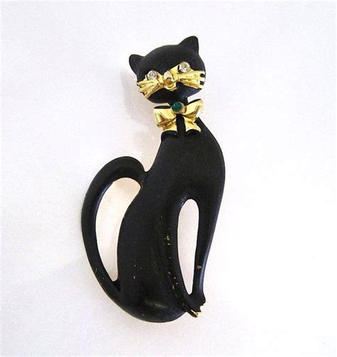 Black Enamel Cat Brooch W Clear Rhinestone Eyes ~ Vintage Mid Century