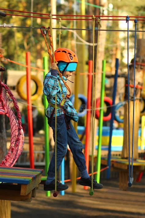 Six Garçons an Surmontant Le Parcours Du Combattant En Parc De Corde