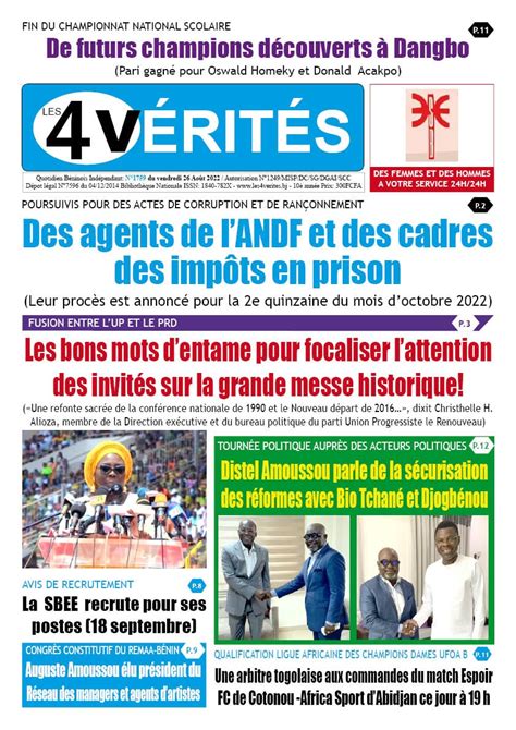 La Une du journal Les 4 Vérités du vendredi 26 août 2022 Les 4 VERITES