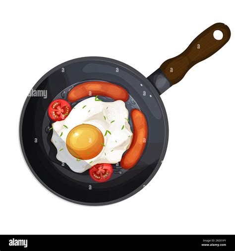 Fried Egg Sausages And Tomatoes On Skillet Top View In Cartoon Style