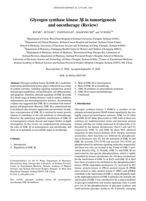 Pdf Glycogen Synthase Kinase 3β In Tumorigenesis And Oncotherapy Review