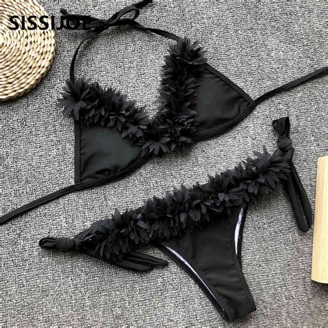 Sexy Black Ruffled Bikini Women Swimwear Female Swimsuit Two