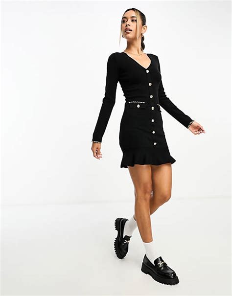 River Island Button Detail Knit Mini Dress In Black Asos