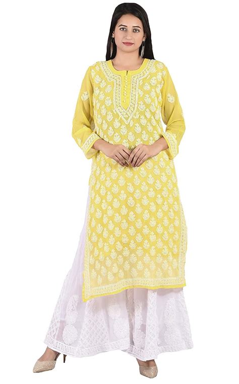 Lucknowi Chikankari Yellow Kurti For Women Georgette Women Etsy