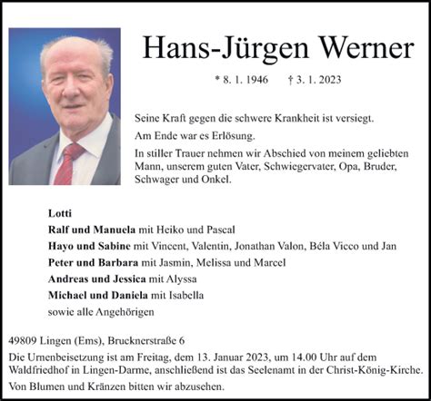 Traueranzeigen Von Hans J Rgen Werner Noz Trauerportal