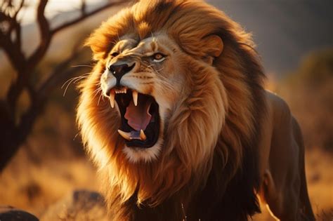 Premium Photo Majestic Male Lion With Open Mouth A Fierce Roaring