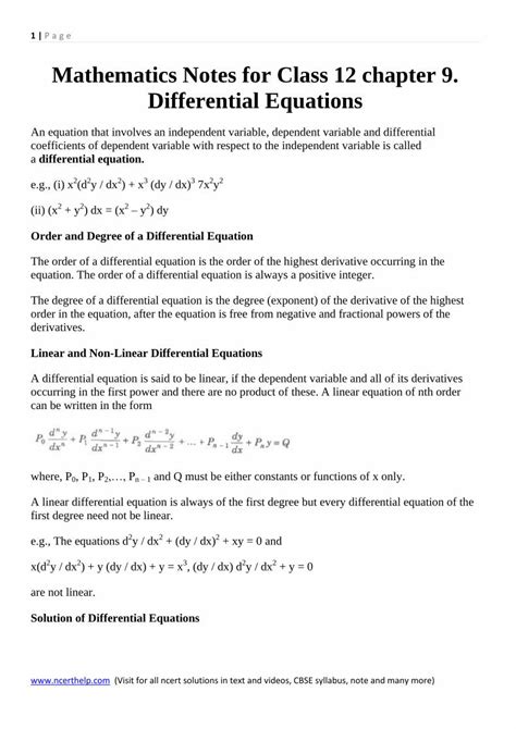 Pdf Mathematics Notes For Class Chapter Differential