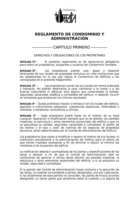 Reglamento DE Condominio Y Administración REGLAMENTO DE CONDOMINIO Y