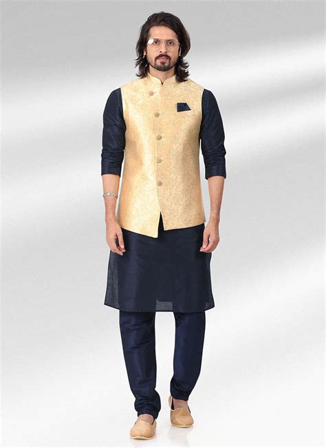 Buy Traditional Wear Gold Jacquard Banarasi Silk Kurta Pajama With