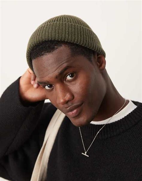 ASOS DESIGN lambswool mini fisherman ribbed beanie in khaki | ASOS