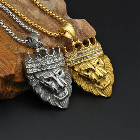 Beichong Gold Tone Chain King Cz Crown Lion Head Pendant Necklace For