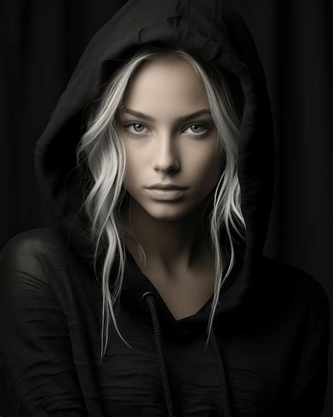 Premium Ai Image A Woman In A Black Hoodie With White Hair And Blue Eyes