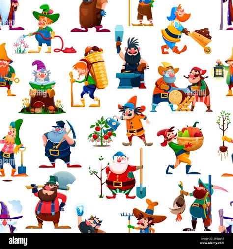 Cartoon Gnome Or Dwarf Characters Seamless Pattern Textile Vector Print Wallpaper Backdrop