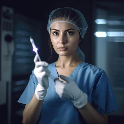 Premium Photo A Woman In Blue Scrubs And A Cap Is Holding A Syringe