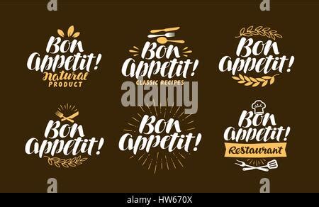 Bon Appetit Lettering Food Label Set Vector Illustration Stock