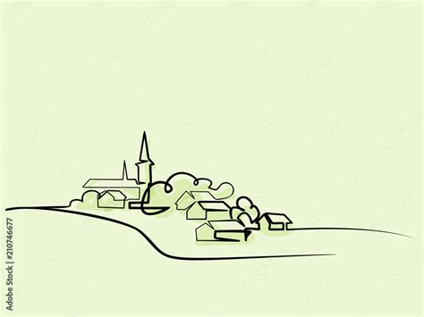 Continuous Line Drawing Landscape With Village On Hill Vector Color