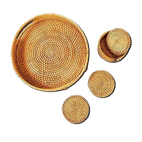 Eco Friendly Rustic Boho Round Rattan Woven Serving Tray With Handles