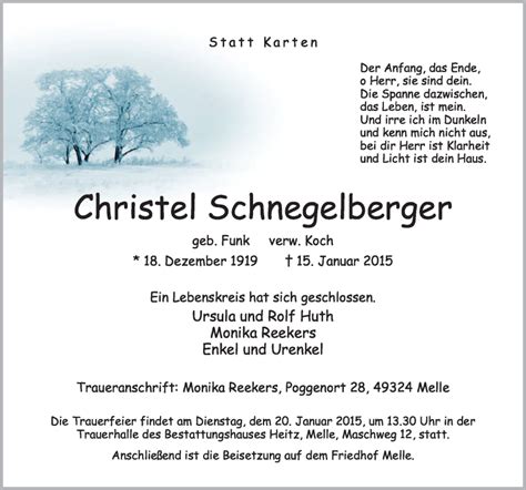 Traueranzeigen Von Christel Schnegelberger Noz Trauerportal